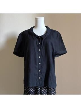 Washed black linen short sleeve blouse